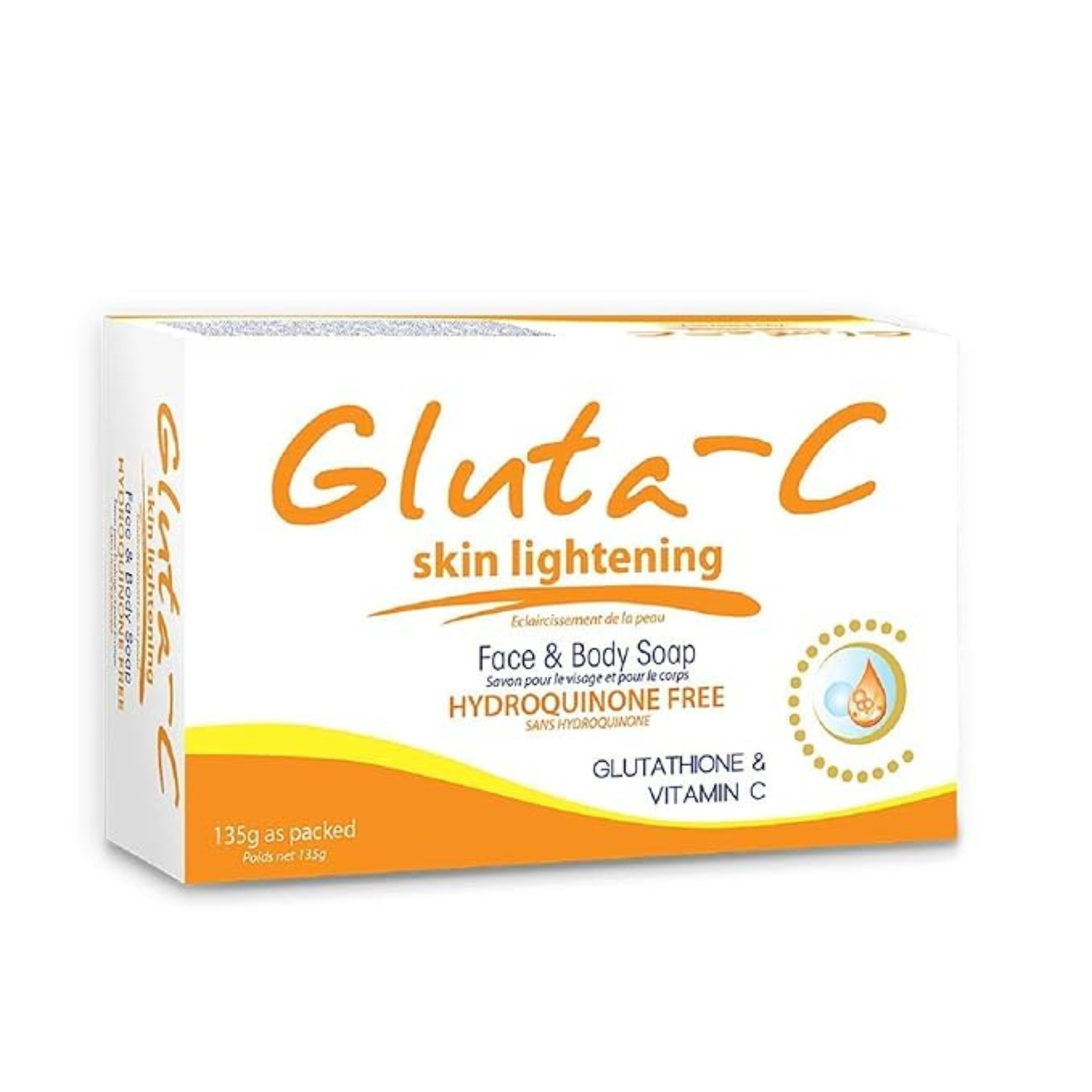 Gluta-C Face & Body Soap with Glutathione and Vitamin C. Hydroquinone-free cleansing bar suitable for daily face and body care. 135g pack.