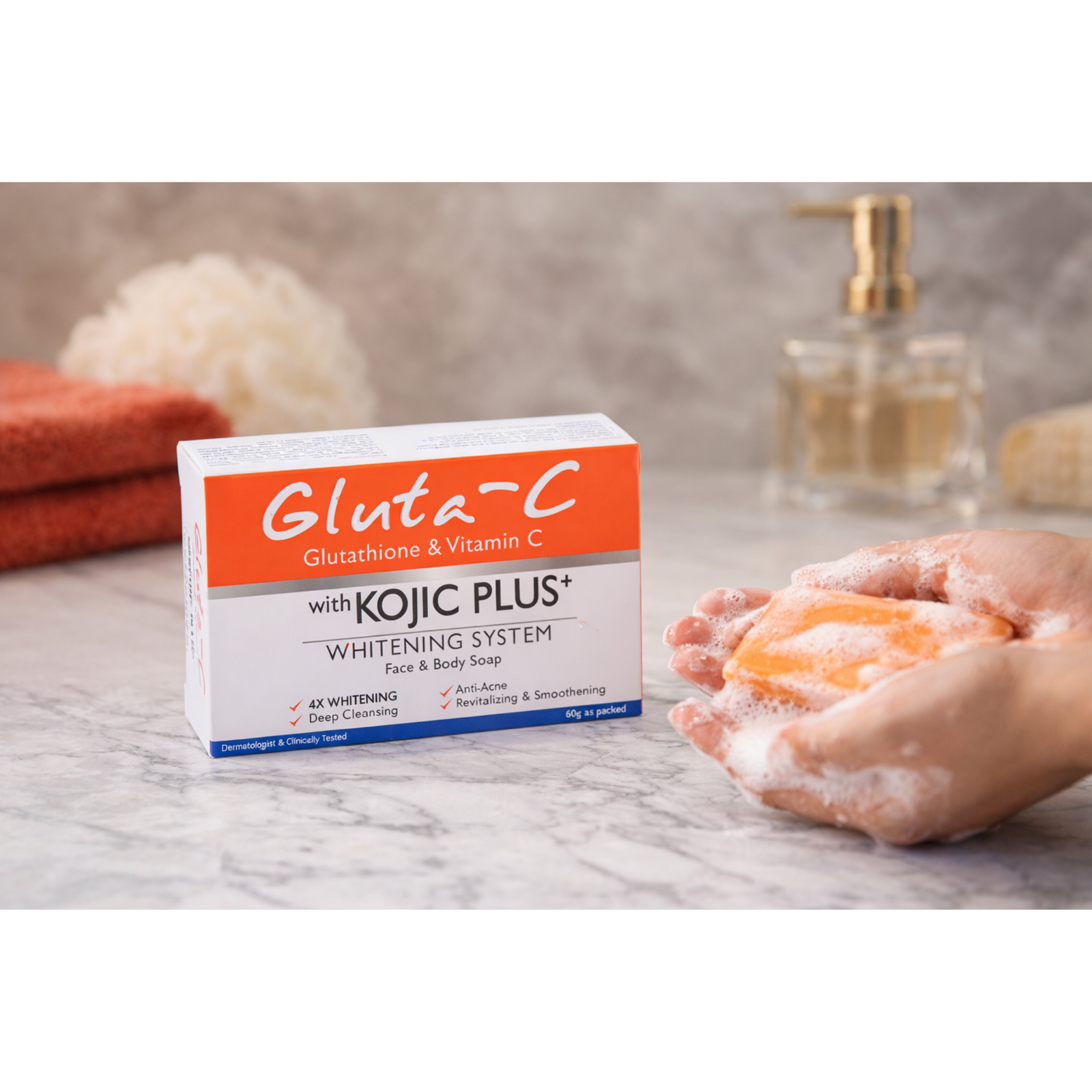 Gluta-C Glutathione Vitamin C Soap with Kojic Plus | Face & Body Cleansing Bar for Smooth Skin – 60g