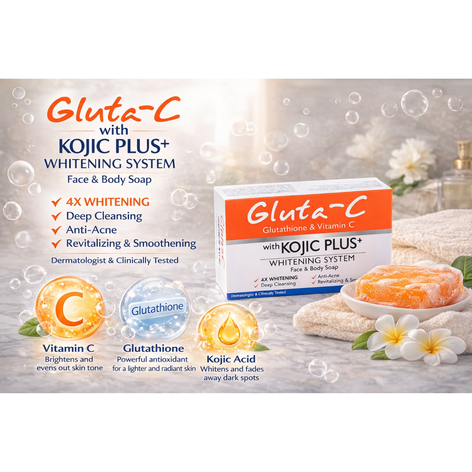 Gluta-C Glutathione Vitamin C Soap with Kojic Plus | Face & Body Cleansing Bar for Smooth Skin – 60g