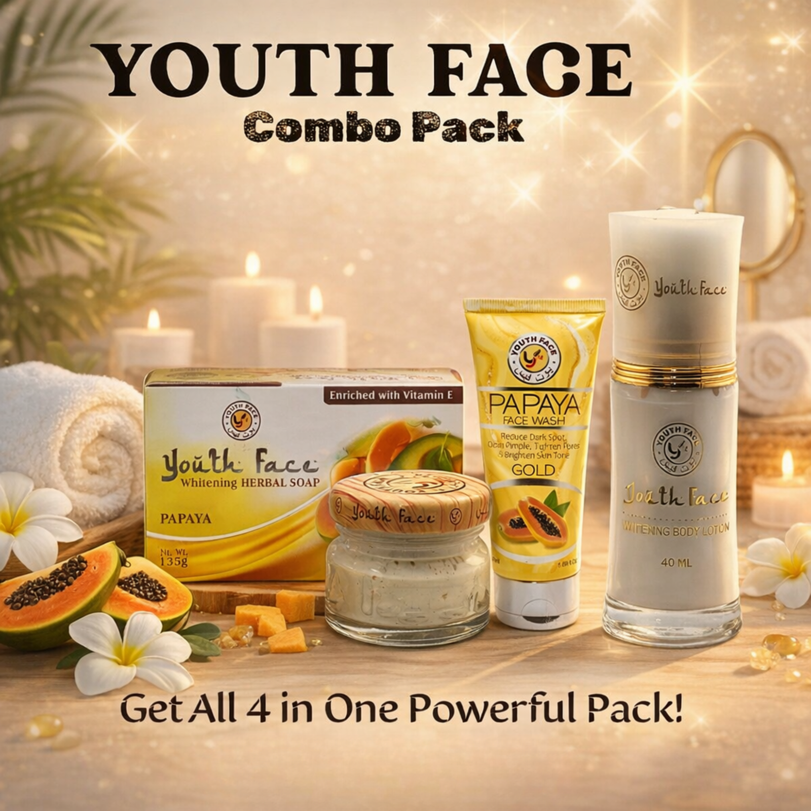 Youth Face Combo Pack – Papaya Face Wash, Herbal Soap, Beauty Cream & Body Lotion