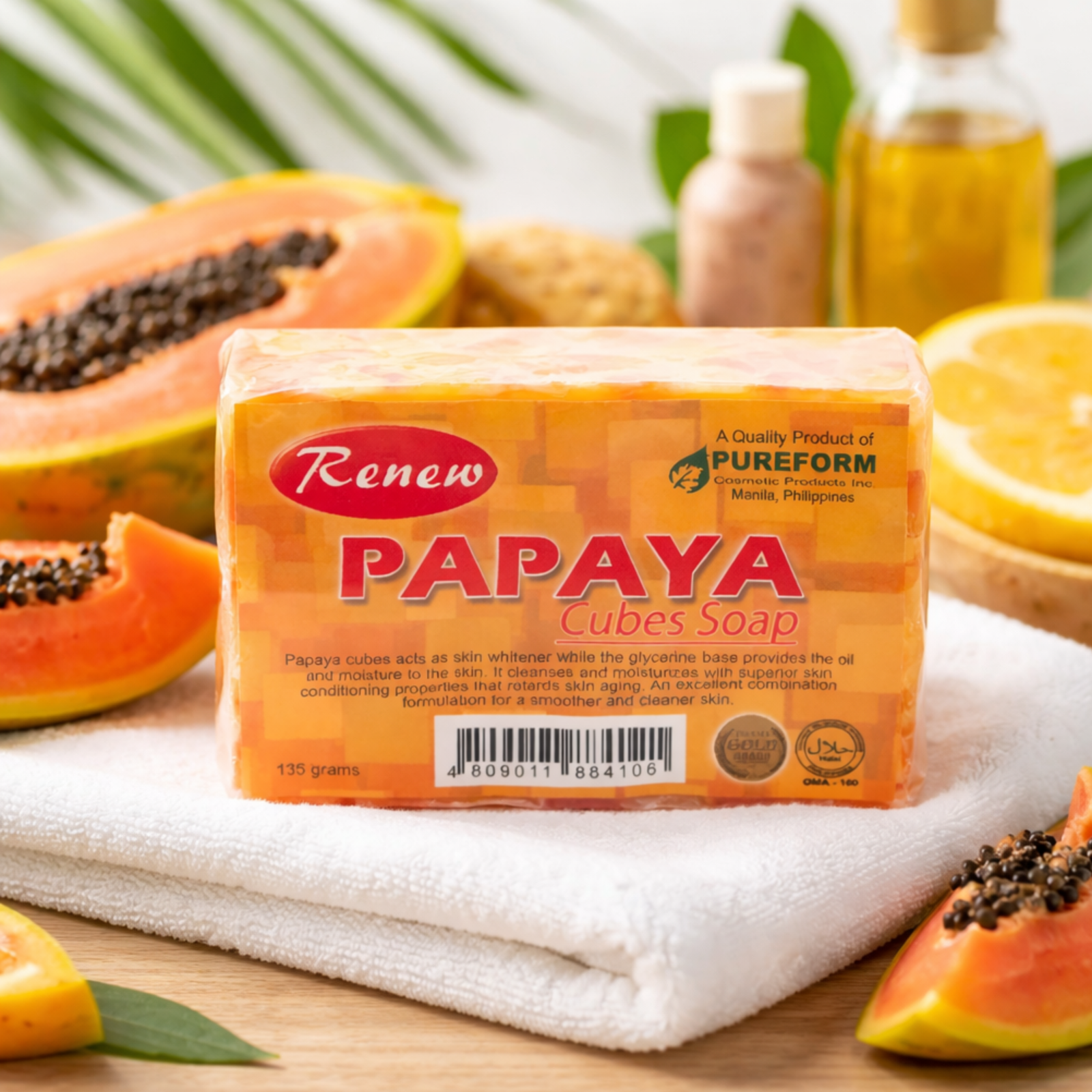 Renew Papaya Cubes Soap with Glycerine | Gentle Cleansing & Moisturizing Bath Soap – 135g
