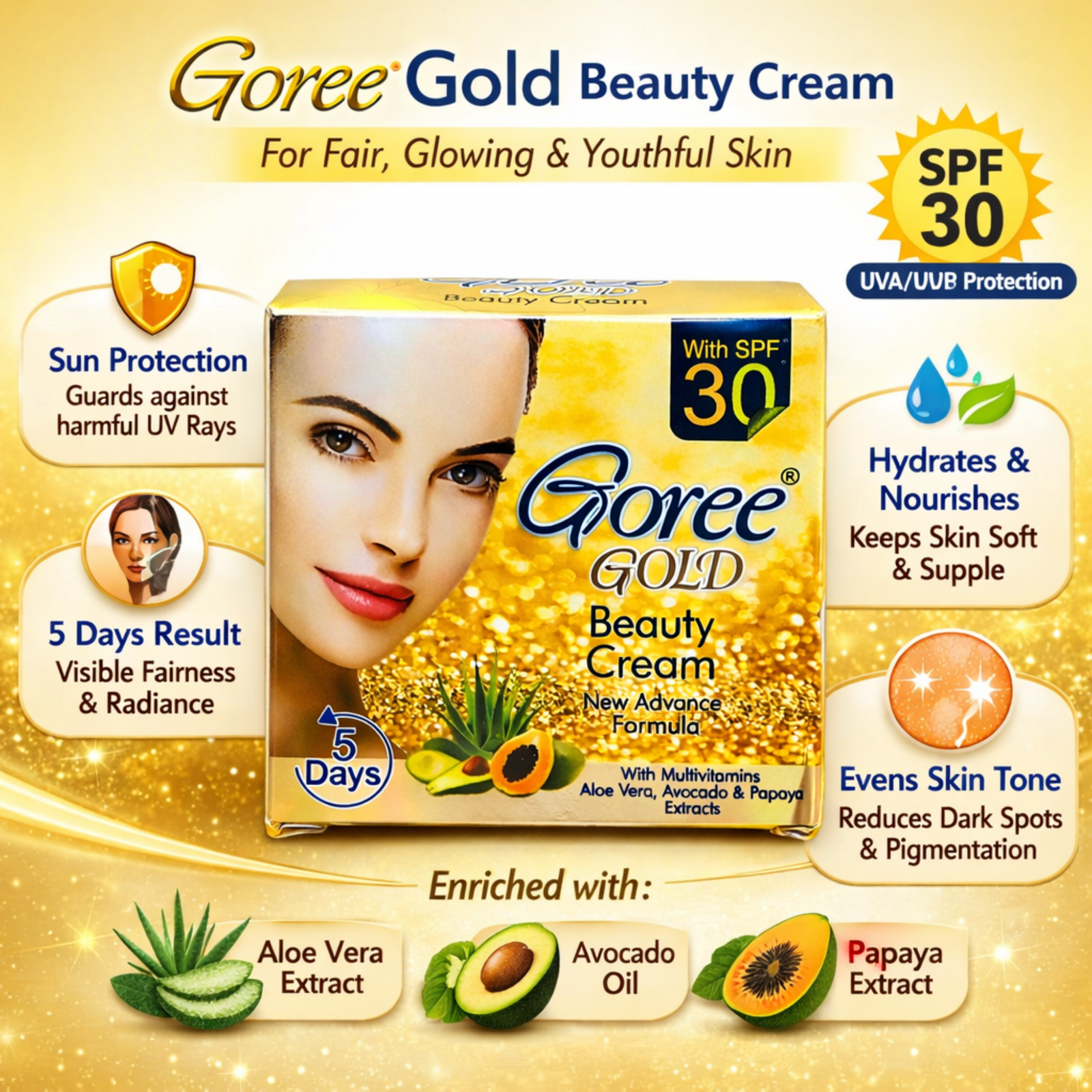 Goree Gold Beauty Cream 20g with SPF 30 | Aloe Vera, Avocado & Papaya Extracts