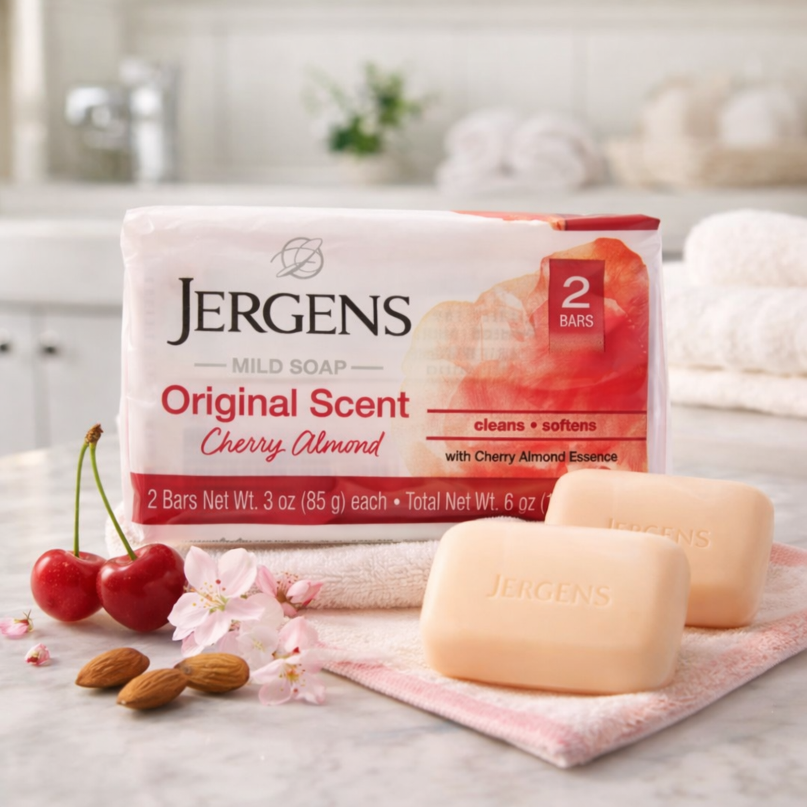 Jergens Original Scent Cherry Almond Soap Bar | Mild Cleansing Bath Soap | 2 x 85 g