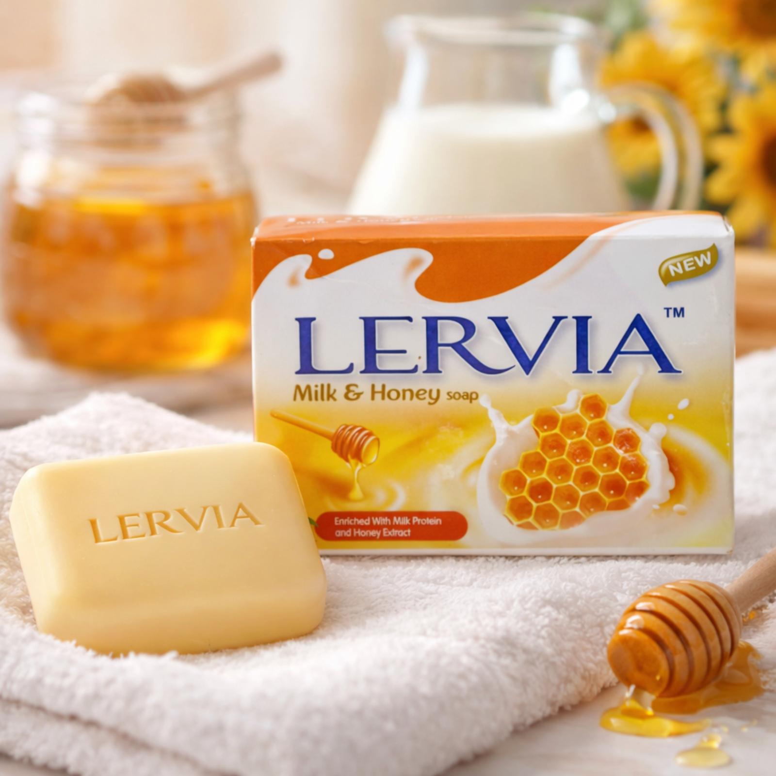 Lervia Milk & Honey Bath Soap 90g | Enriched with Milk Protein and Honey Extract | Daily Cleansing Soap