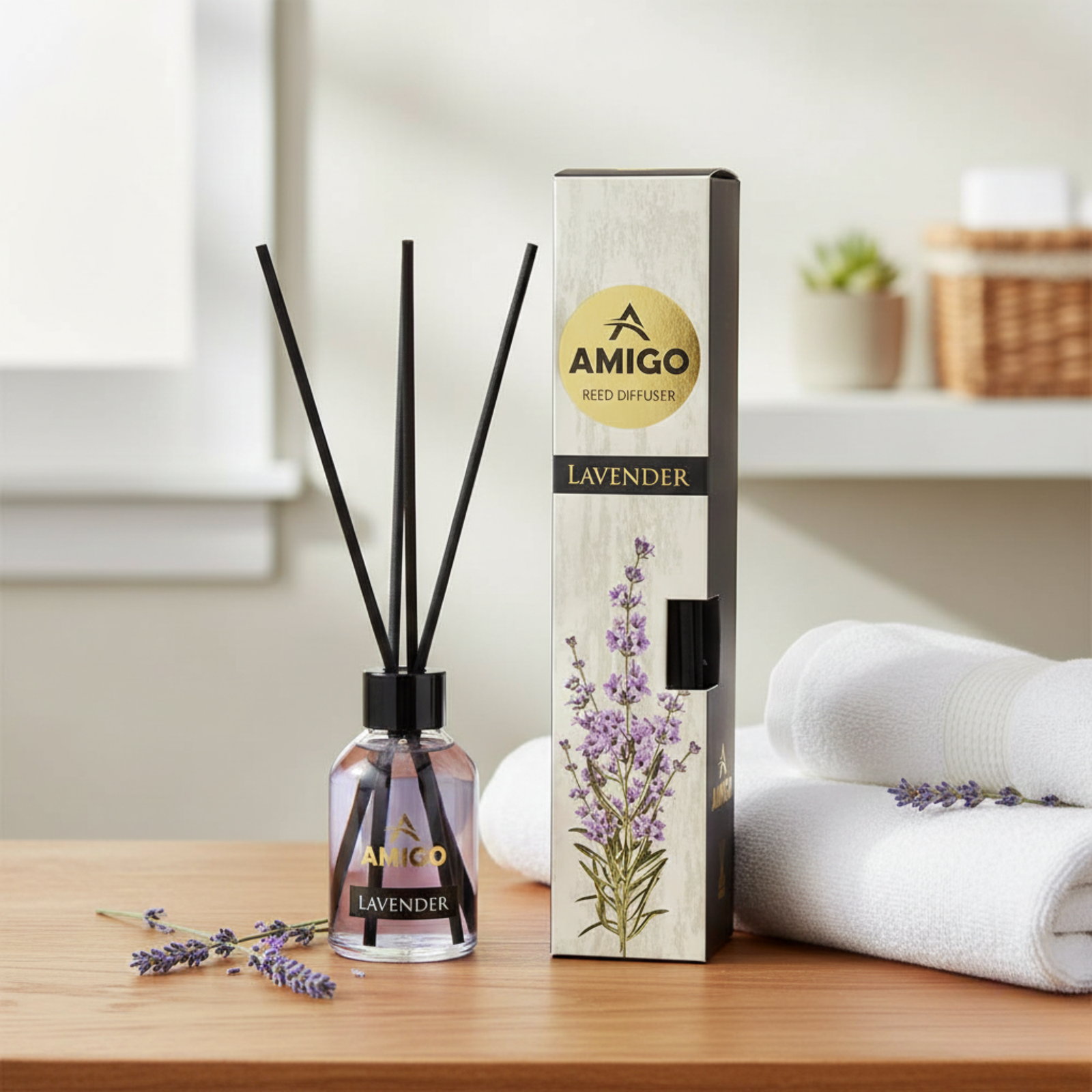 Amigo Lavender Reed Diffuser 110ml with floral aroma oil and reed sticks in decorative glass bottle