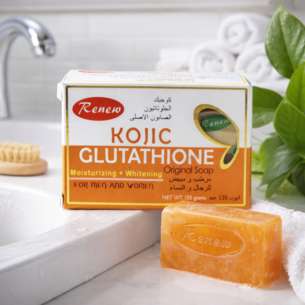 glutathione glycolic acid Renew Kojic Glutathione Original Soap rejuvenates dull and tired skin. It  contains a special mixture of extracts that nourishes skin while produces  micro-exfoliation effect. The 2-in-1 synergistic effect of kojic acid and main image 0