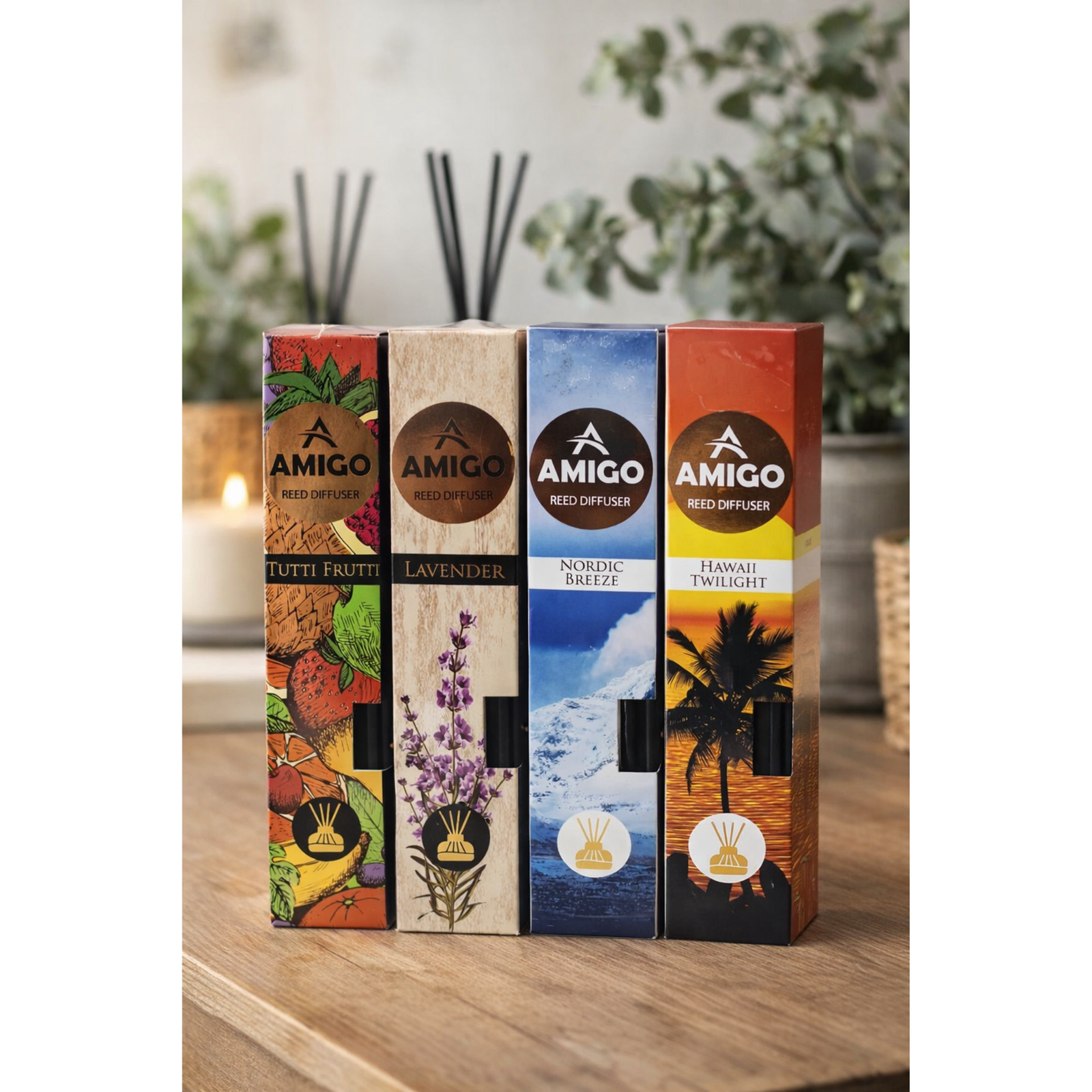 A set of four Amigo reed diffusers featuring Nordic Breeze, Lavender, Hawaii Twilight, and Tutti Frutti scents. Each bottle contains 110ml and is suitable for home or office fragrance use.