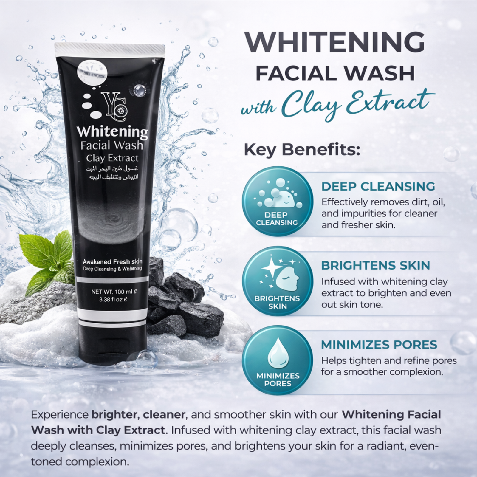 YC Clay Extract Facial Wash 100ml | Whitening Face Cleanser for Men & Women