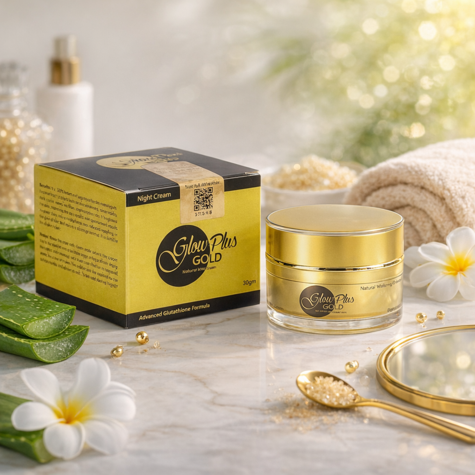 Glow Plus Gold Face Whitening Night Cream 30g | Advanced Glutathione Formula with Vitamin E & Aloe Vera