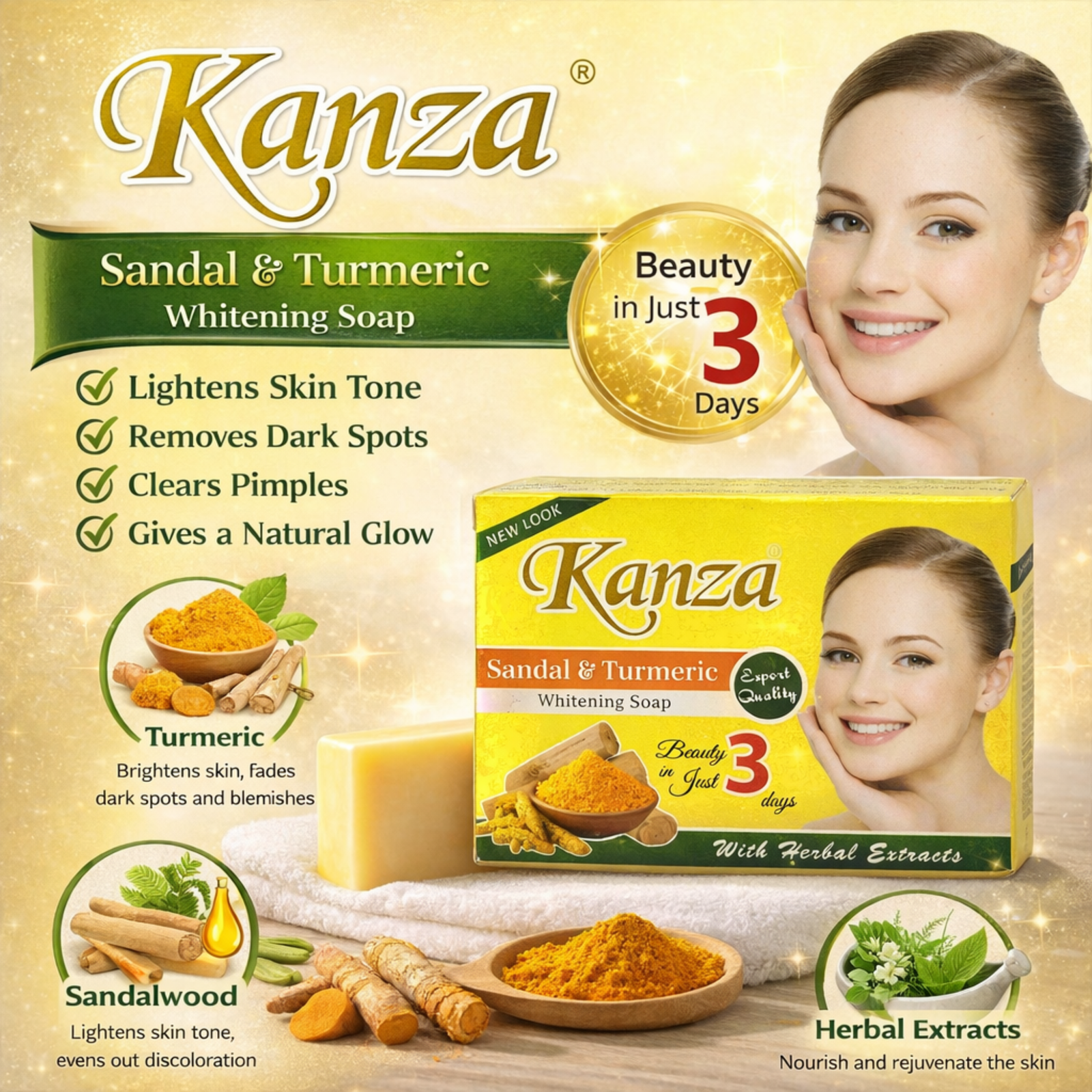 Kanza Sandal & Turmeric Soap 100g | Herbal Bathing Soap with Sandalwood & Turmeric Extracts