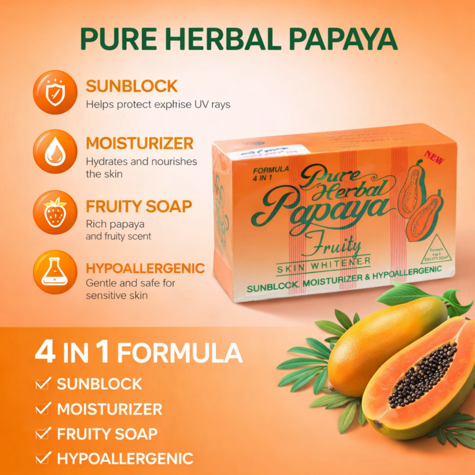 Pure Herbal Papaya Fruity Skin Whitening Soap 135g | 4 in 1 Formula with Sunblock & Moisturizer