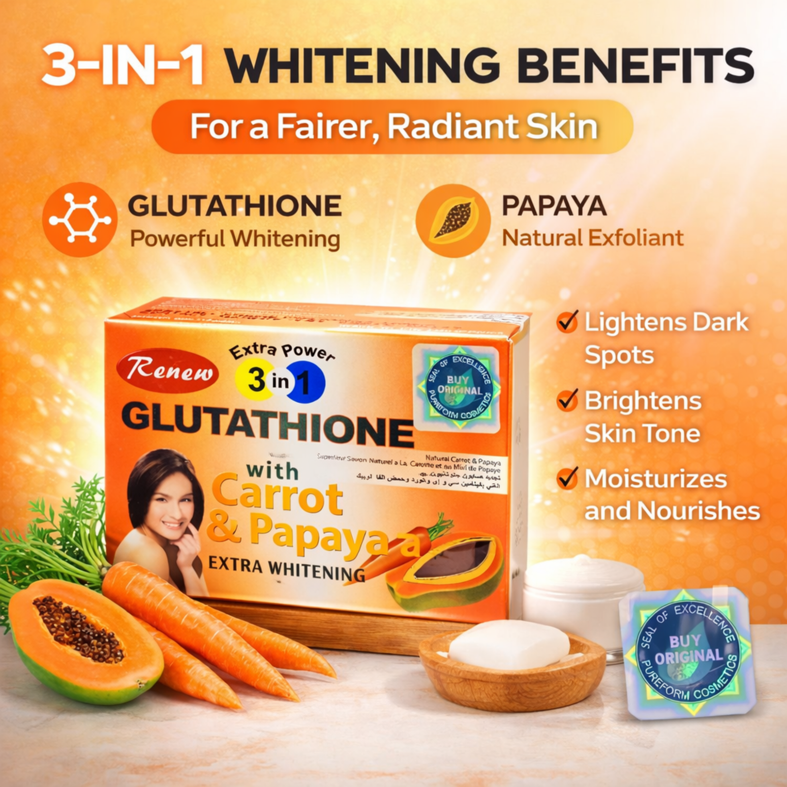 Renew Glutathione Soap with Carrot & Papaya – 3 in 1 Bathing Bar, 135g