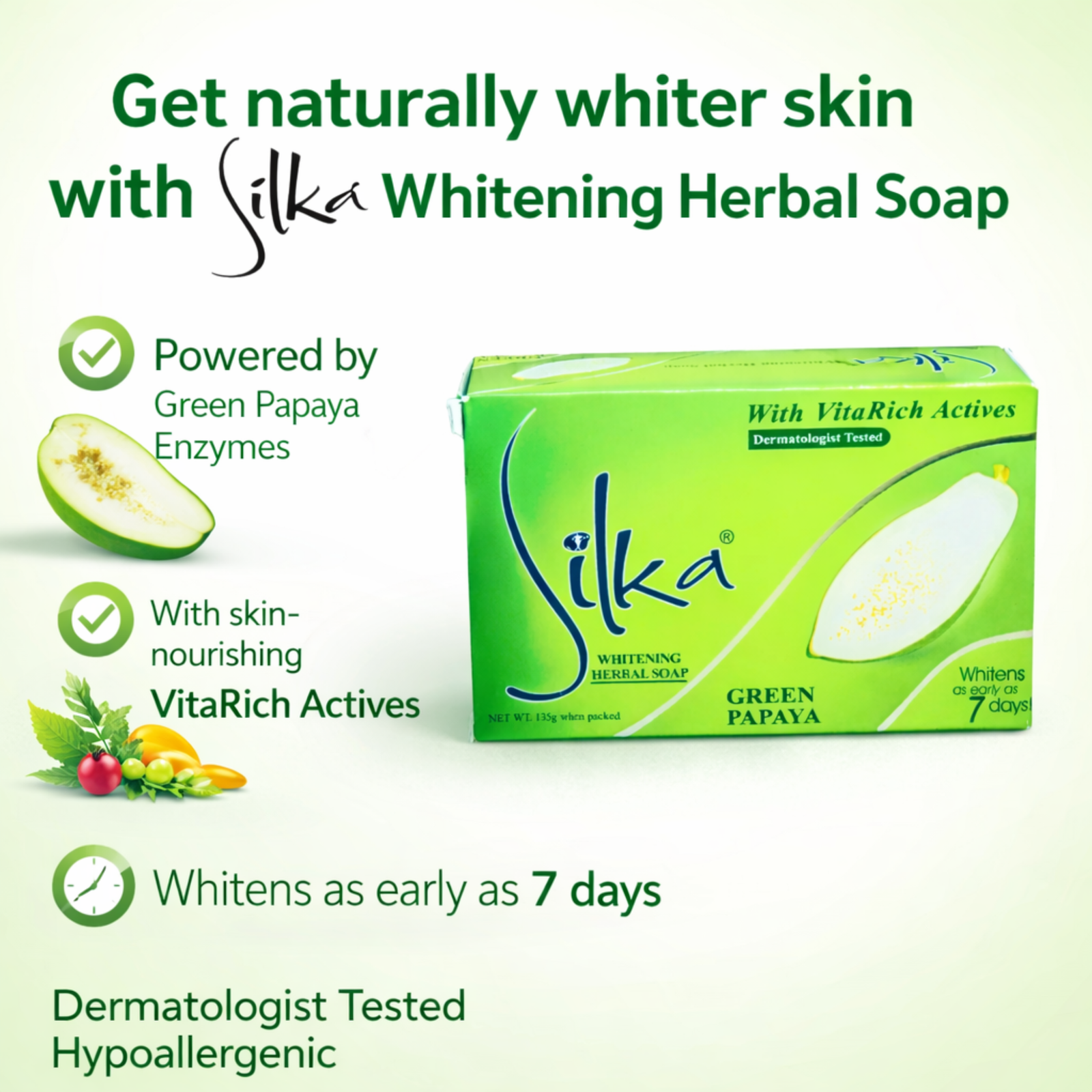 Silka Green Papaya Herbal Soap 135g | With Papaya Enzymes & VitaRich Actives