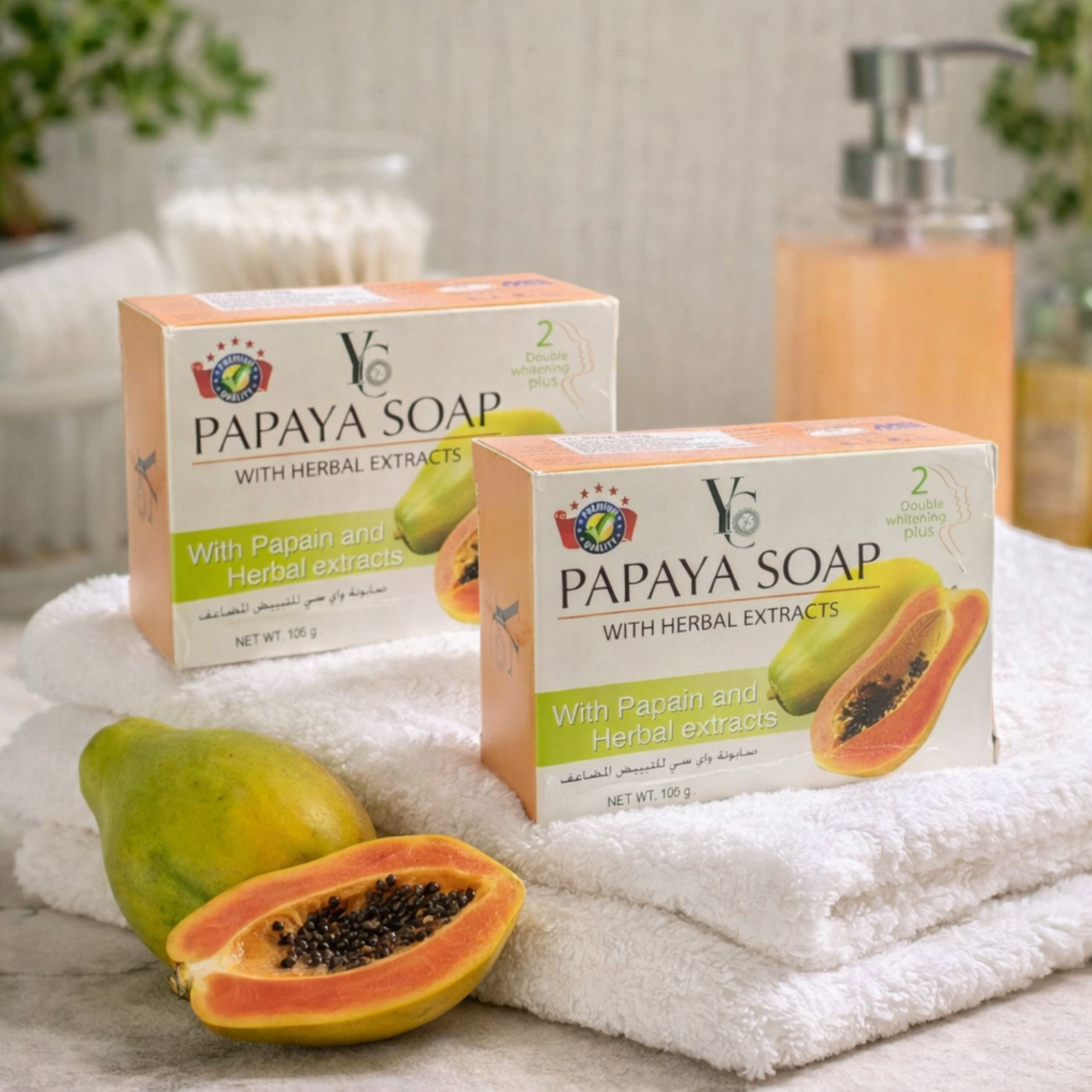 YC Papaya Soap with Papain & Herbal Extracts – Pack of 2 (100g Each)