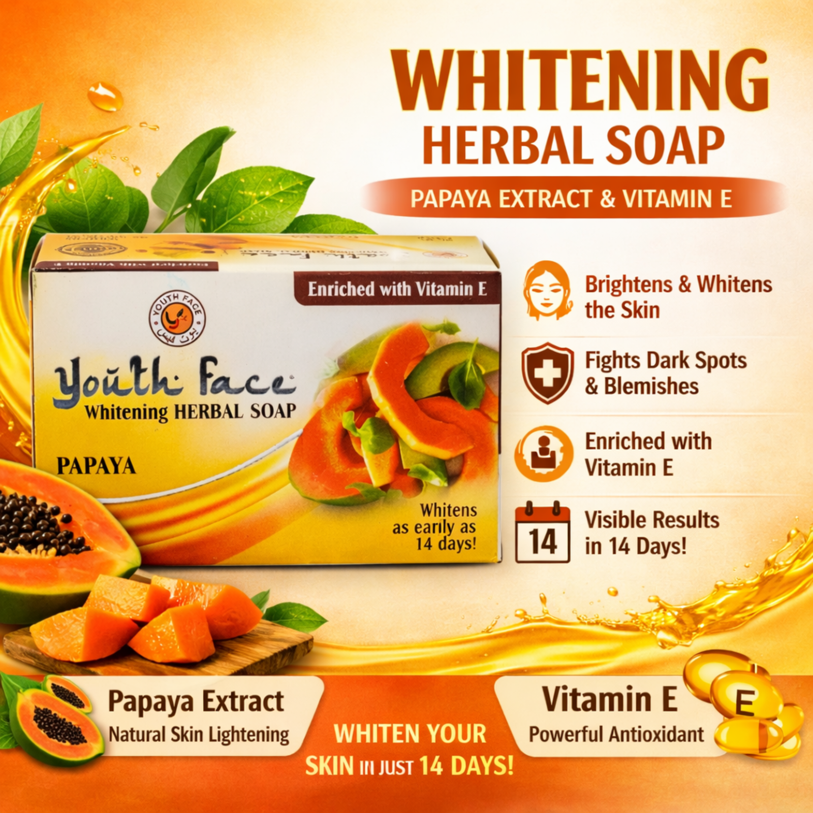 Youth Face Papaya Herbal Soap 135g with Vitamin E | Herbal Cleansing Bar for Daily Use