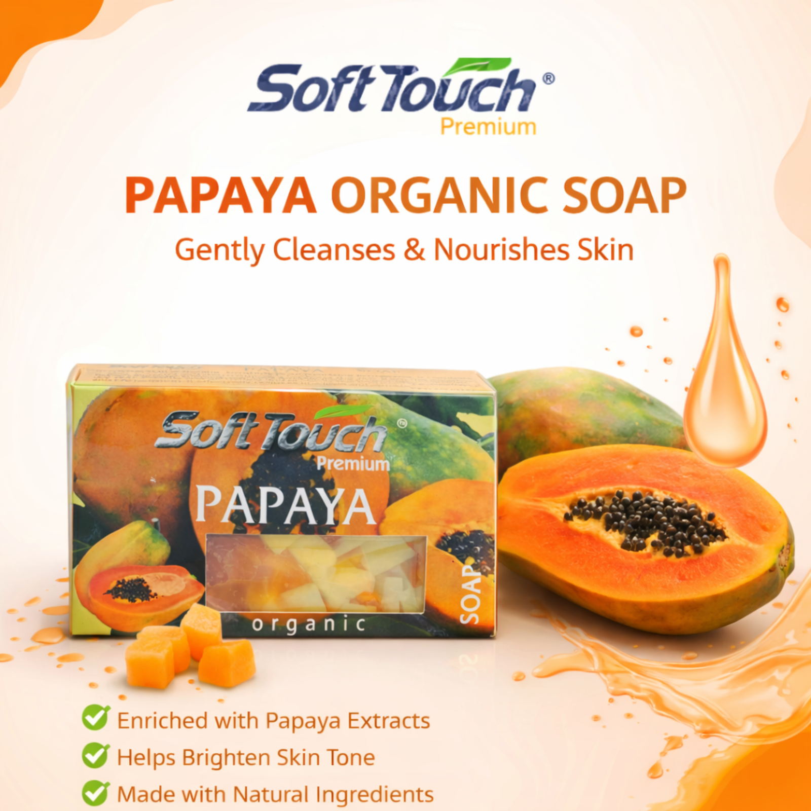 Soft Touch Papaya Organic Soap 125g | Natural Papaya Extract Cleansing Bar