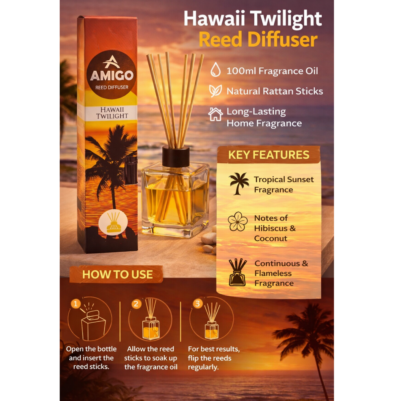 Amigo Hawaii Twilight Reed Diffuser 110ml | Elegant Home & Room Fragrance