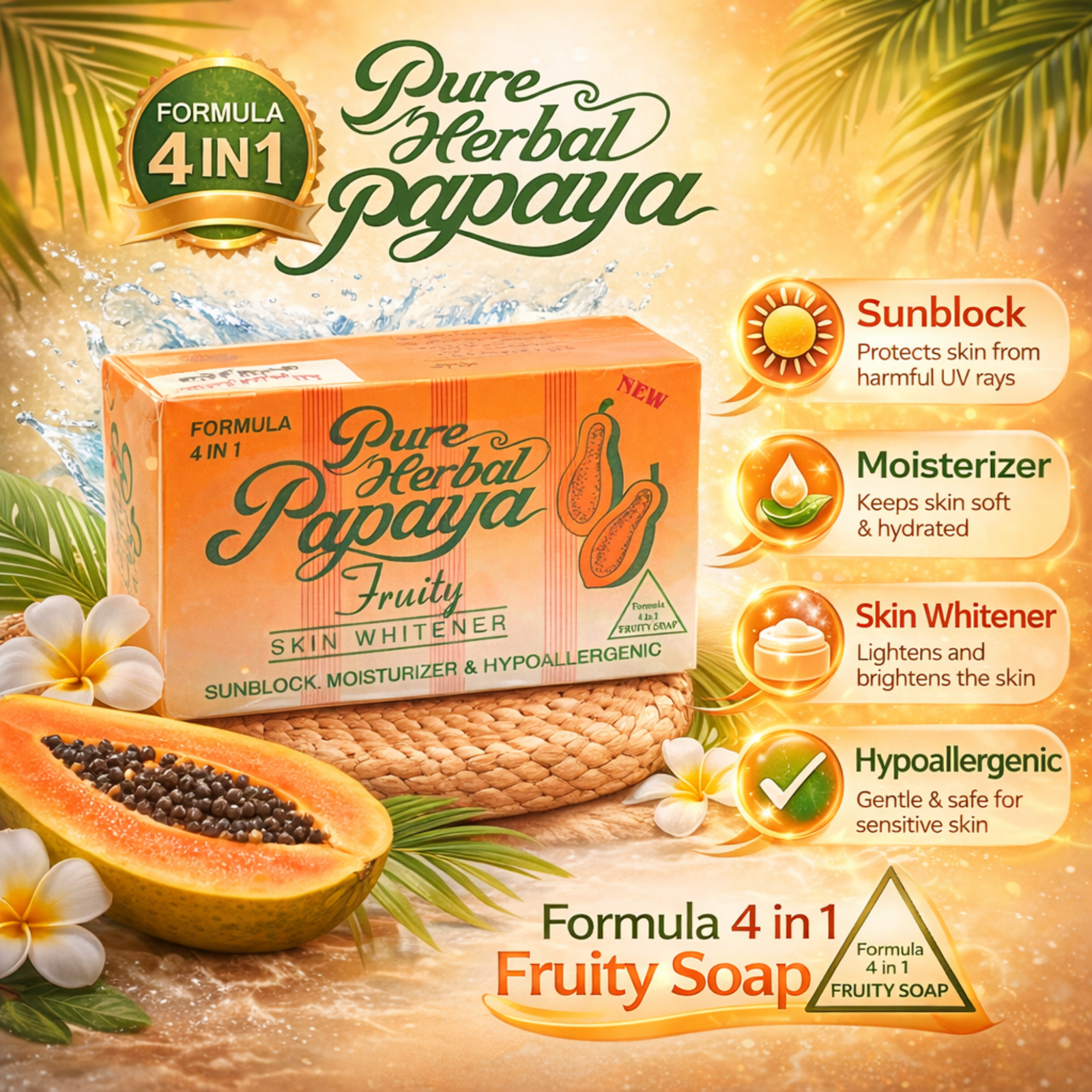 Pure Herbal Papaya Fruity Skin Whitening Soap 135g | 4 in 1 Formula with Sunblock & Moisturizer
