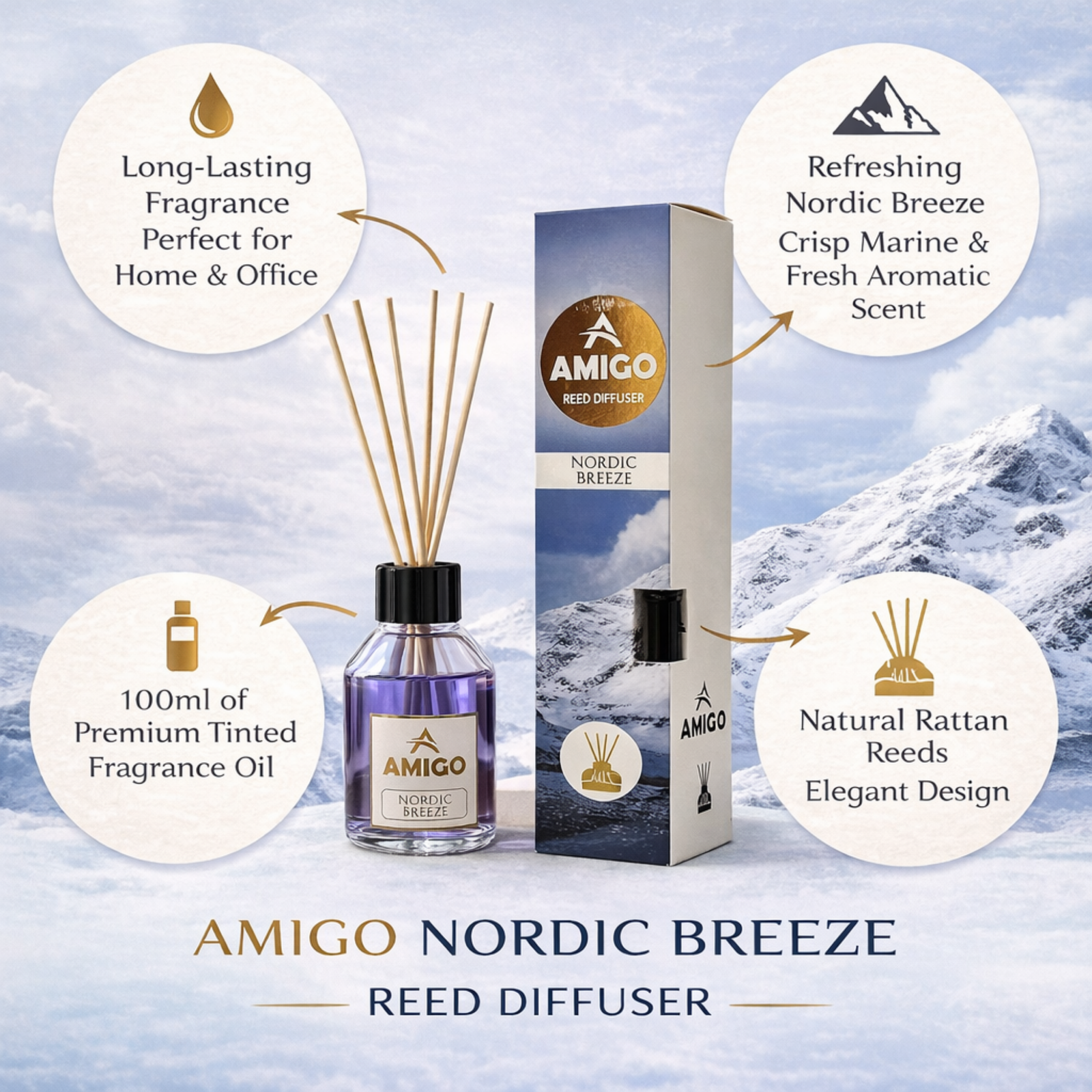 Amigo Nordic Breeze Reed Diffuser 110ml | Elegant Home & Room Fragrance