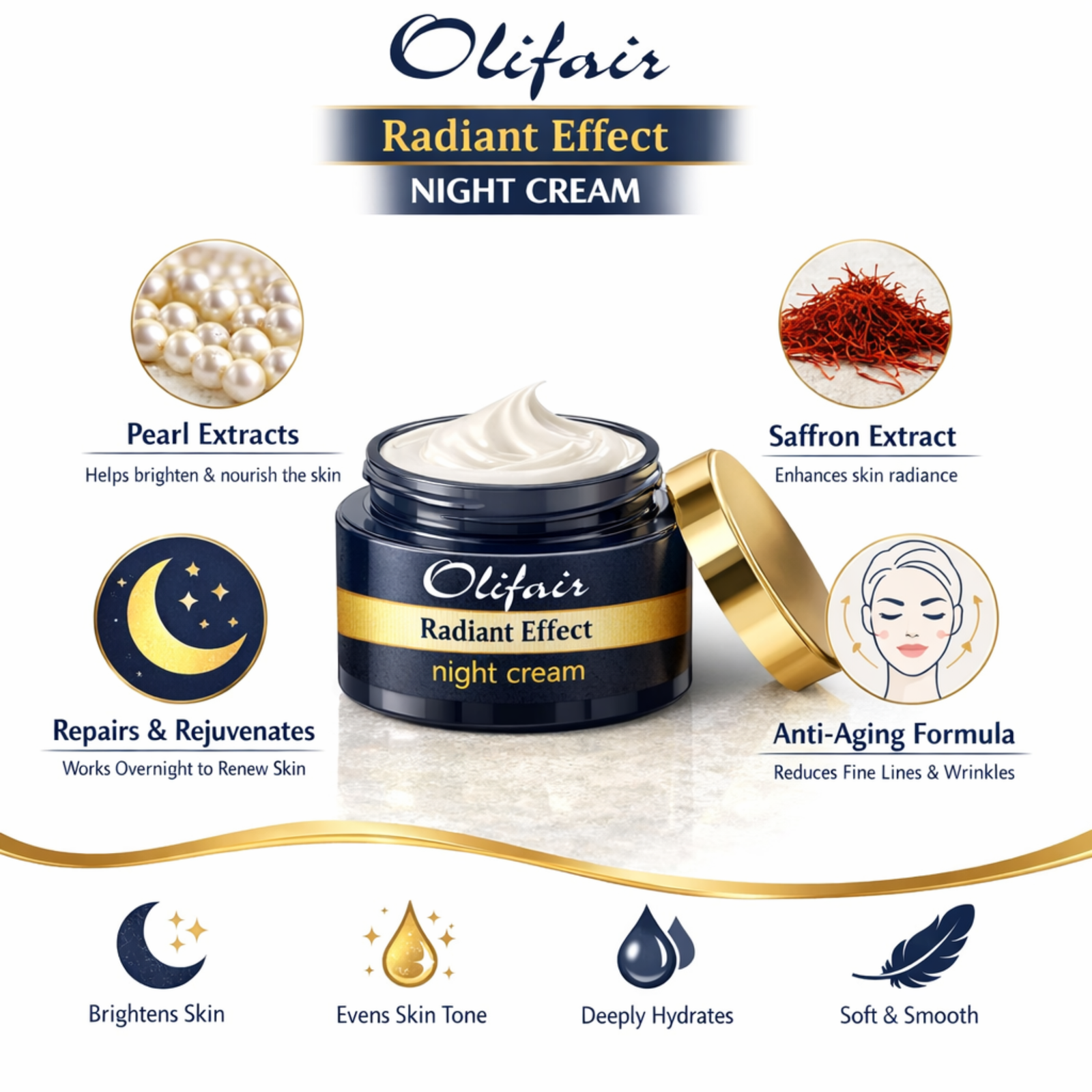 Olifair Radiant Effect Night Cream 50g | Pearls & Saffron Face Moisturizer