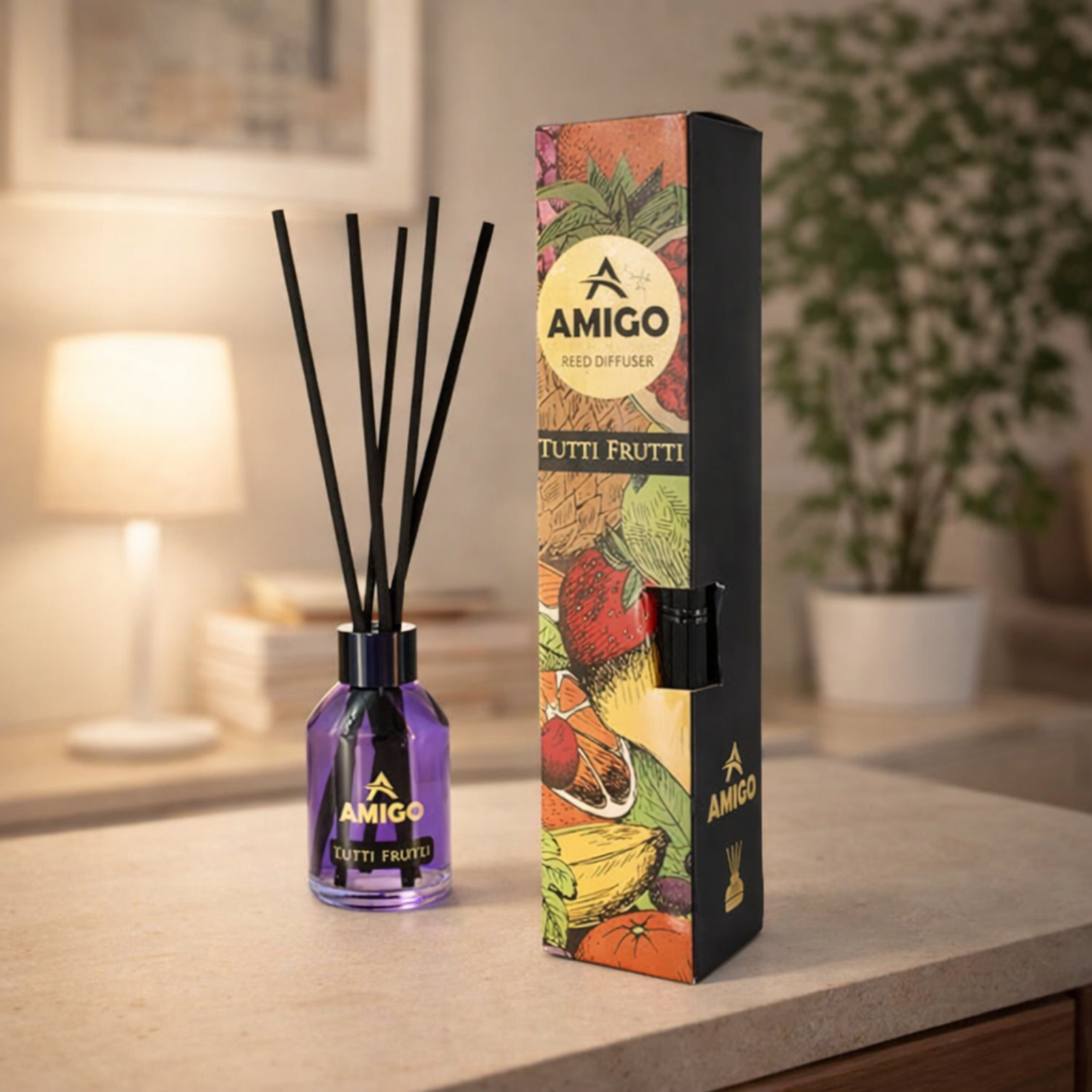 Amigo Tutti Frutti Reed Diffuser 110ml with fruity fragrance oil and reed sticks in decorative glass bottle