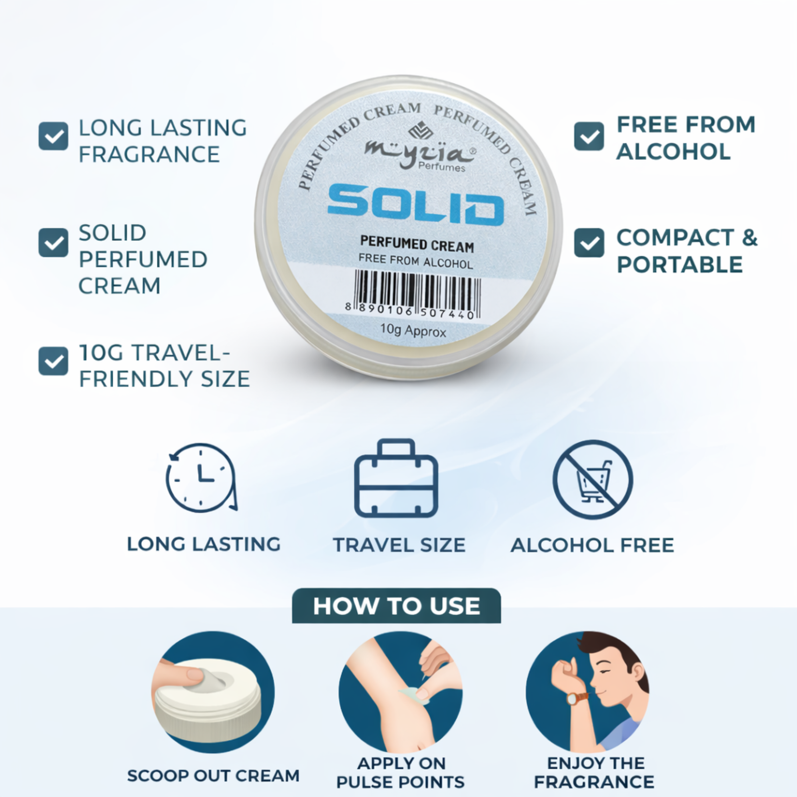 Myzia Solid Perfume Cream 10g | Alcohol-Free Wax Perfume | Unisex Skin Perfume for Men & Women | Travel Friendly Pocket Cream Perfume