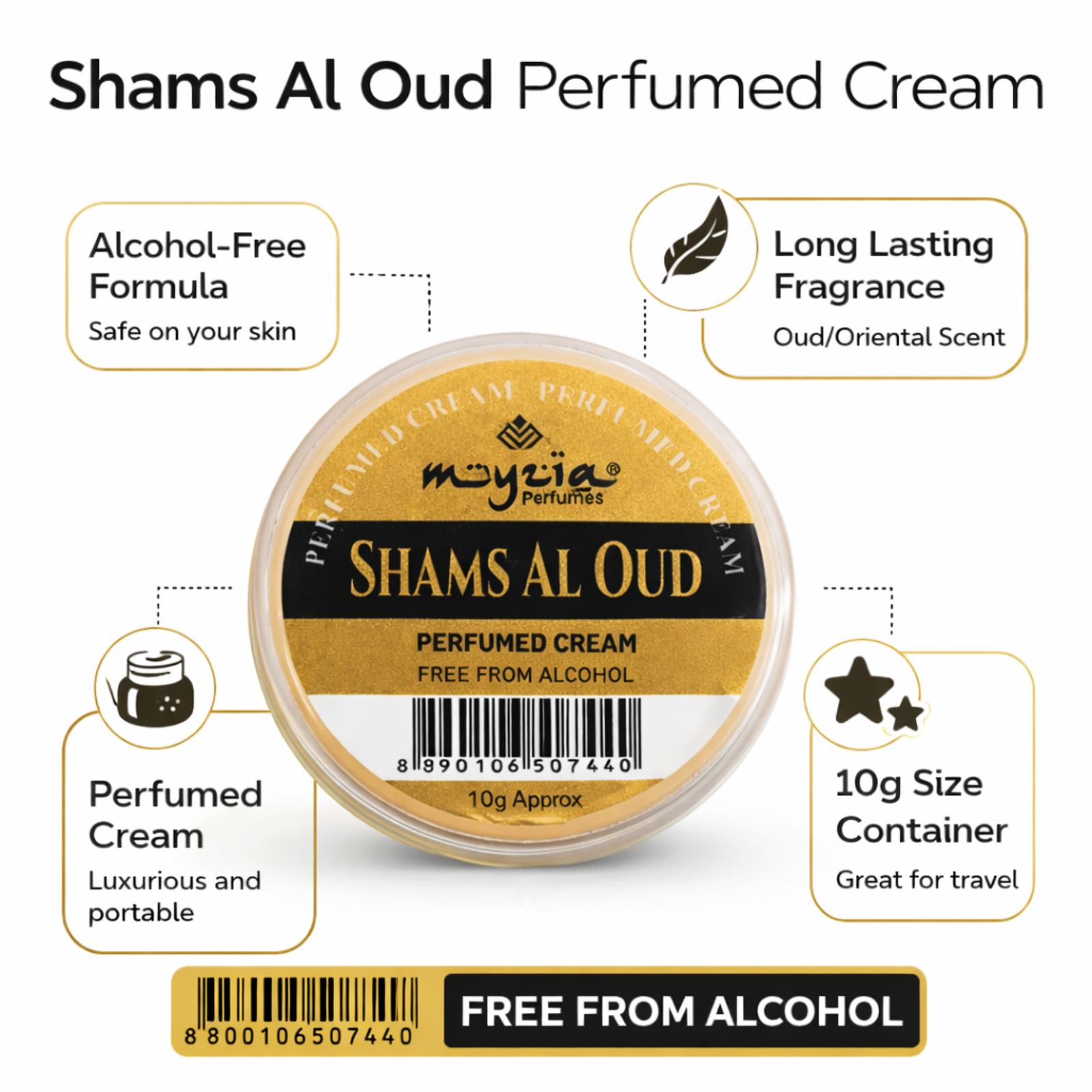 Myzia Shams Al Oud Perfumed Cream 10g | Alcohol-Free Oud Fragrance | Solid Perfume for Men & Women | Travel-Friendly Balm