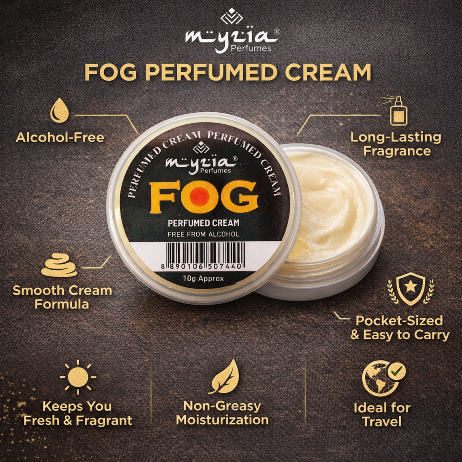 Myzia FOG Solid Perfume Cream 10g | Alcohol-Free Wax Perfume | Unisex Skin Perfume | Pocket Size Cream Perfume