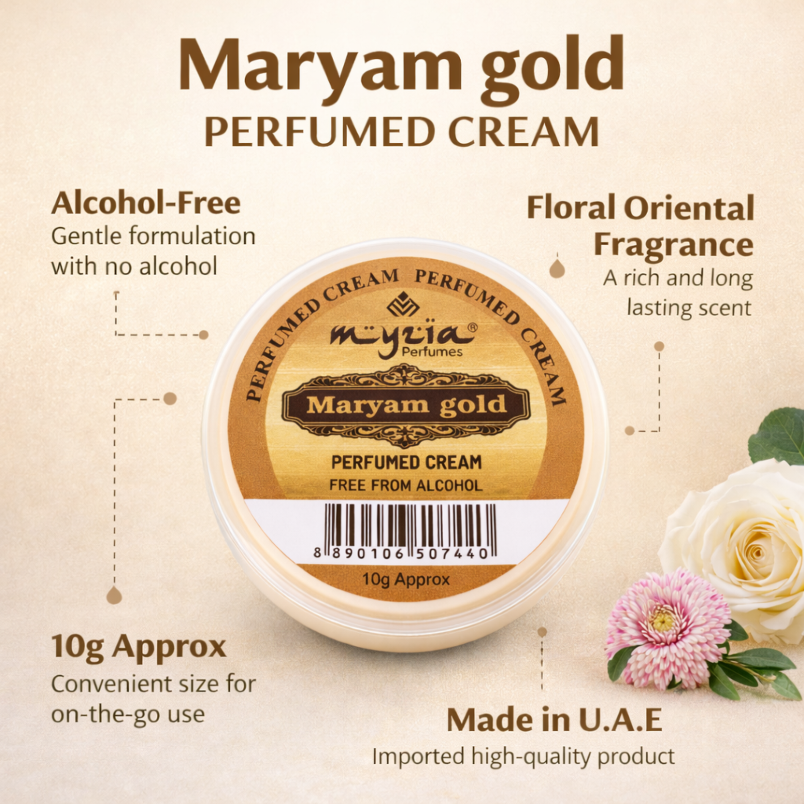 Myzia Maryam Gold Solid Perfume Cream 10g | Alcohol-Free Wax Perfume | Floral Oriental Skin Perfume | Unisex Pocket Cream Perfume