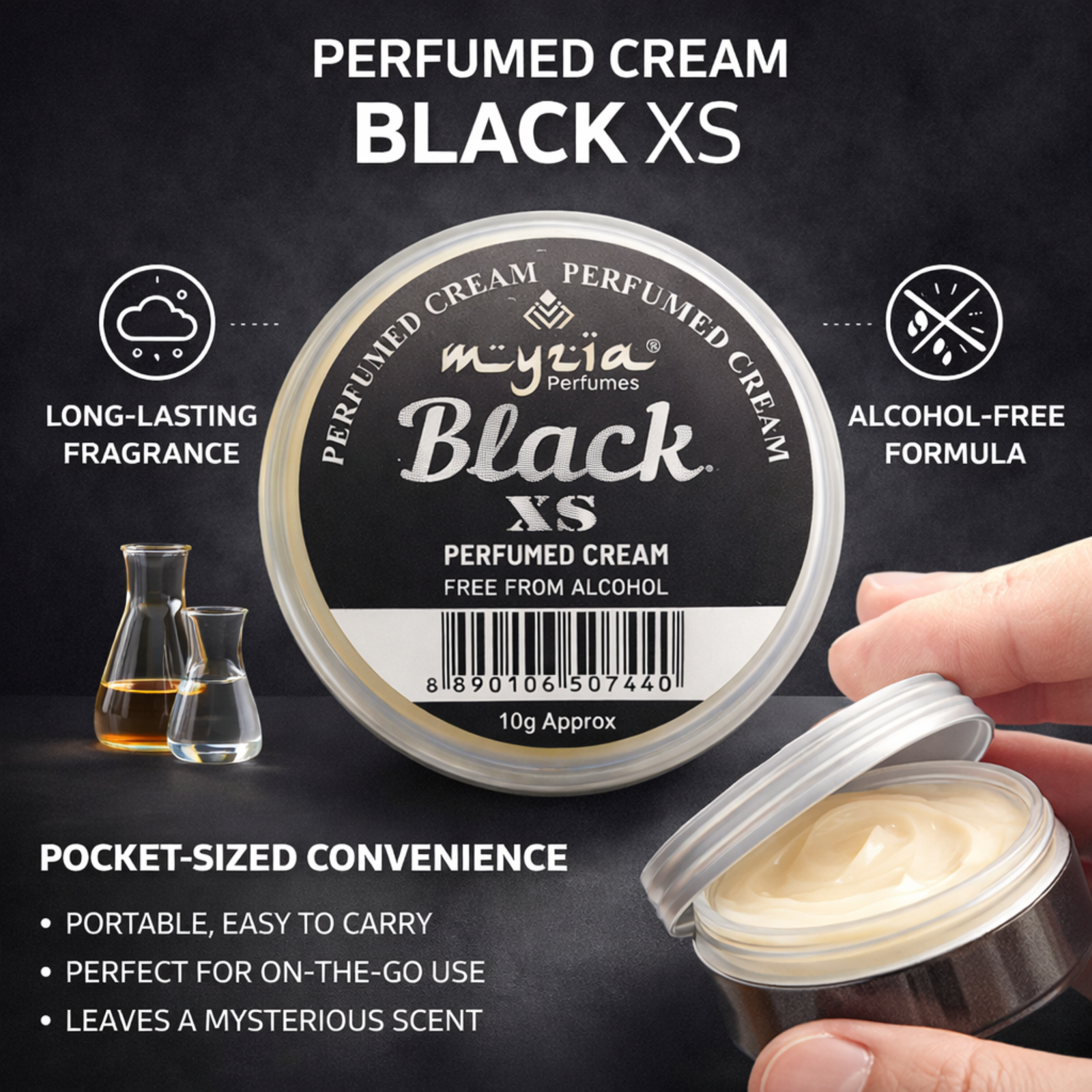 Myzia Black XS Solid Perfume Cream 10g | Alcohol-Free Wax Perfume | Unisex Skin Perfume | Pocket Size Cream Perfume for Daily Use