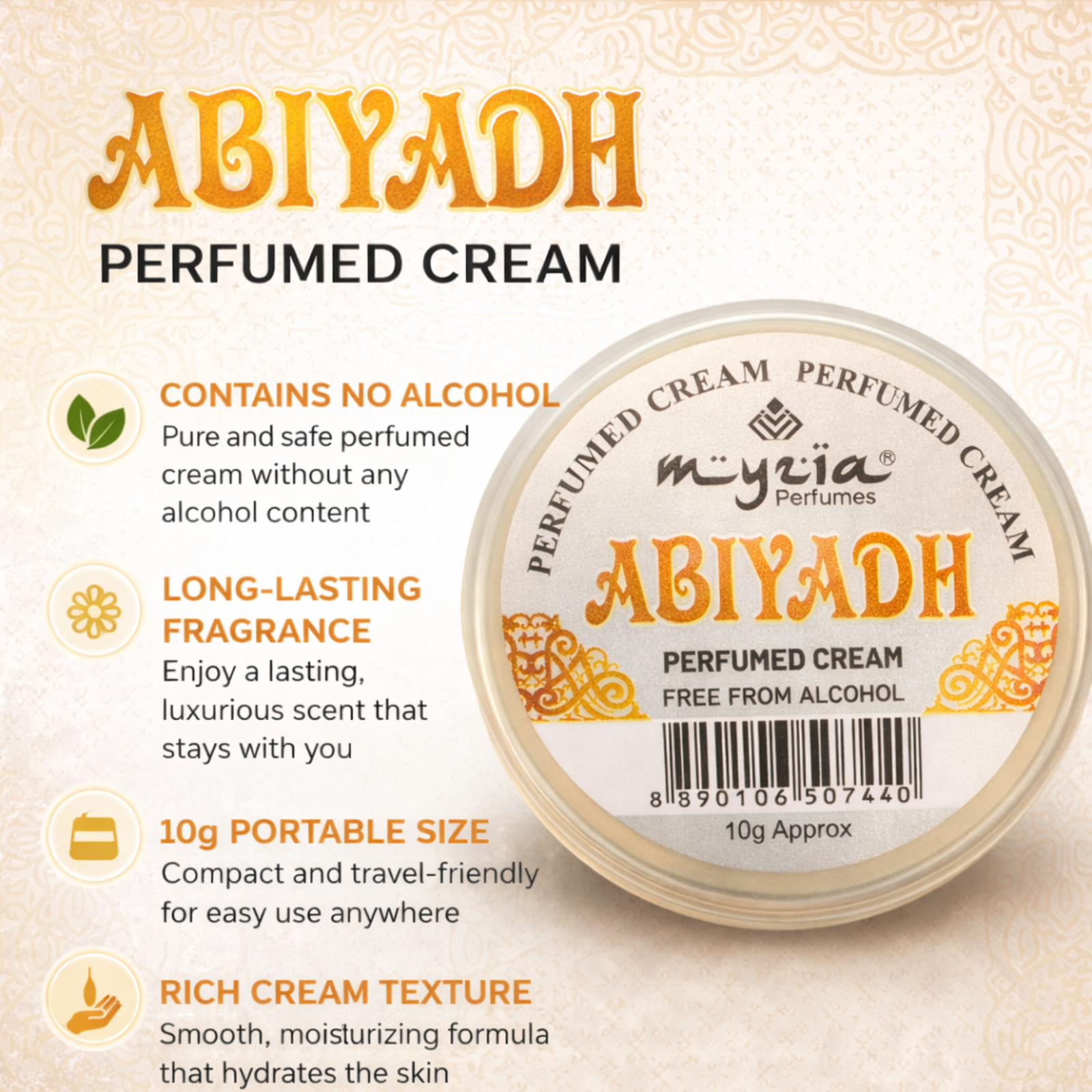 Myzia Abiyadh Solid Perfume Cream 10g | Alcohol-Free Wax Balm Perfume | Unisex Skin Perfume | Travel Friendly Pocket Cream Perfume