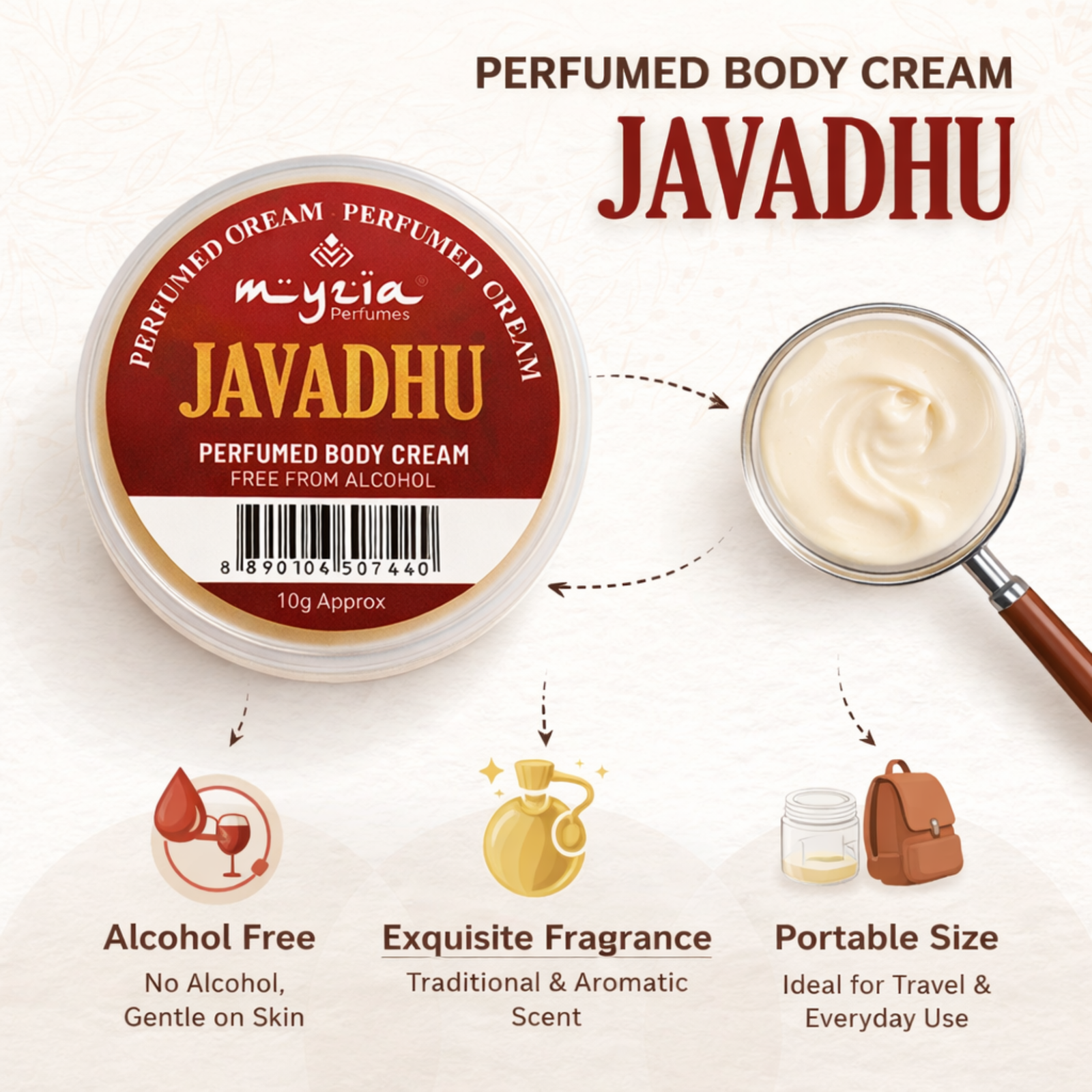 Myzia Javadhu Solid Perfume Cream 10g | Alcohol-Free Wax Perfume | Traditional Skin Perfume for Men & Women | Pocket Size Cream Perfume