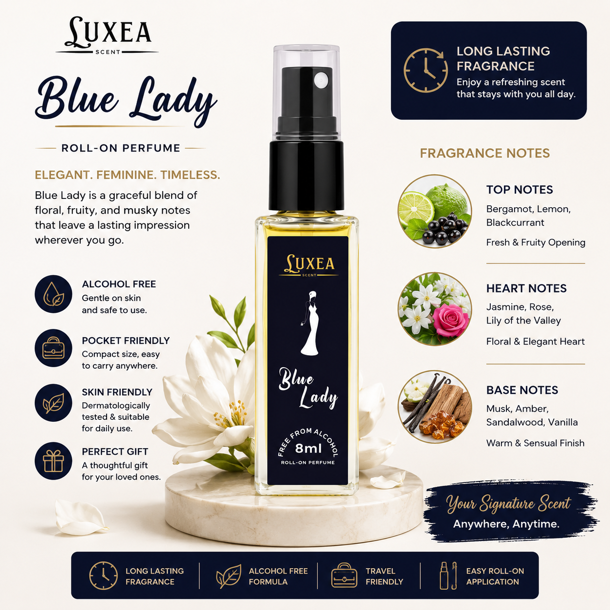 Luxea Blue Lady Perfume for Women | Alcohol Free Pocket Perfume | 8ml Long Lasting Fragrance | Daily Wear & Casual Use