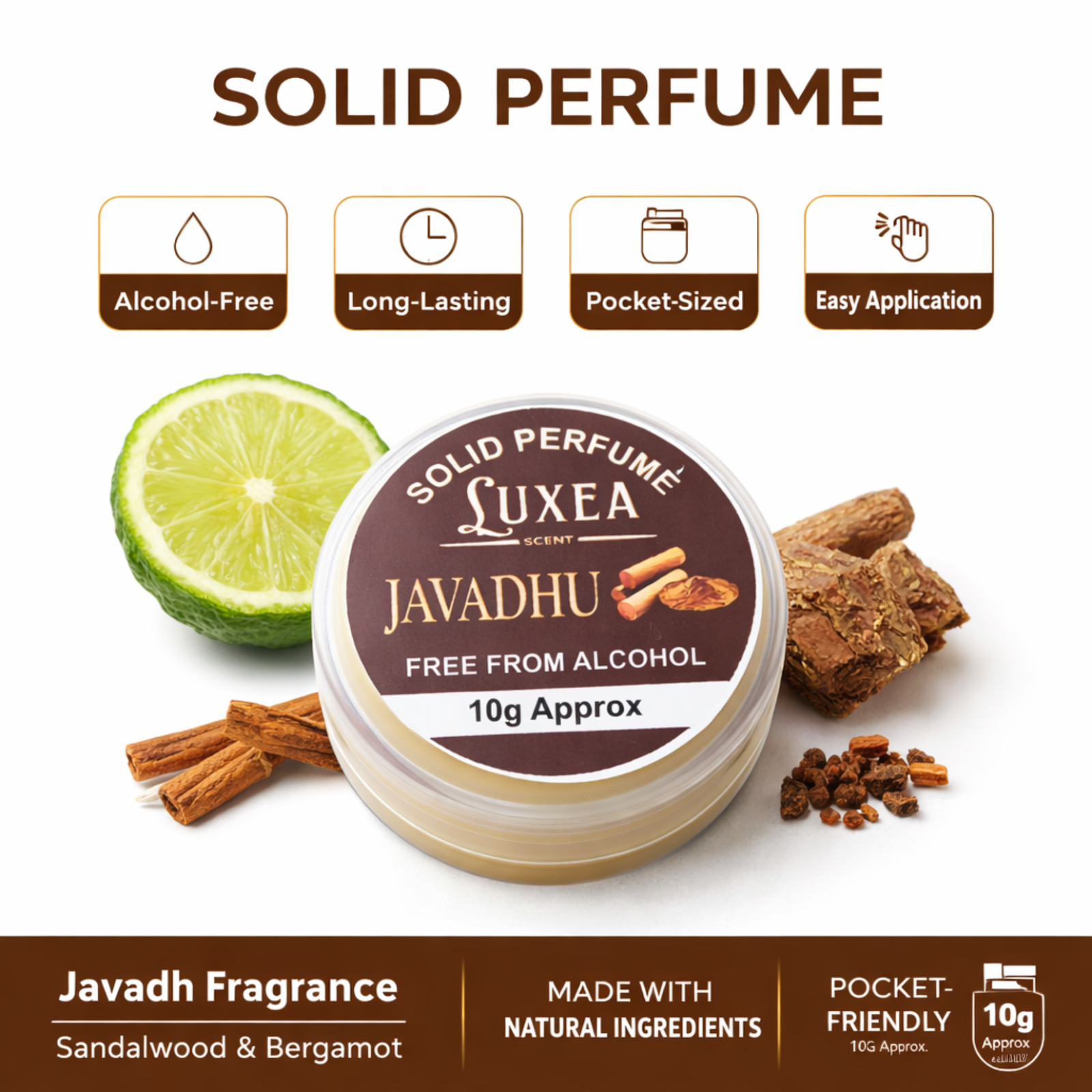 Javadhu Solid Perfume 10g | Alcohol-Free Cream Perfume Balm | Travel Friendly Pocket Perfume