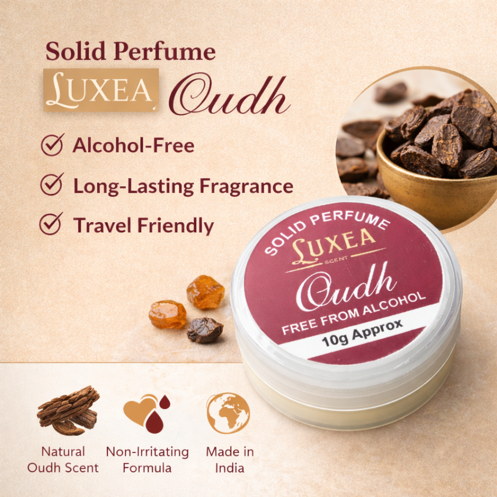 Oudh Solid Perfume 10g | Alcohol-Free Cream Perfume | Best Scent for Men & Women | Pocket Solid Fragrance