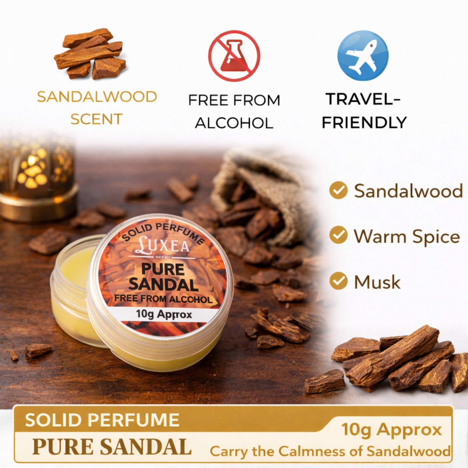 Pure Sandal Solid Perfume 10g | Authentic Sandalwood Fragrance Cream | 100% Alcohol-Free & Long Lasting | Travel-Friendly Pocket Perfume for Men & Women | Calming & Earthy Aroma